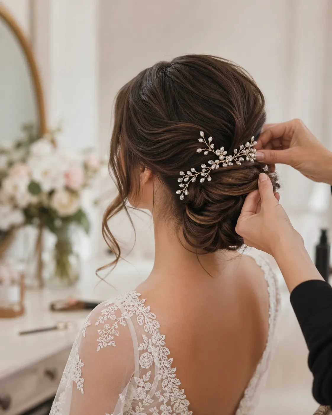 Traditional bridal hair styling with flowers